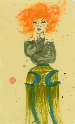 Artistic drawing of woman with bright red hair and unique green outfit