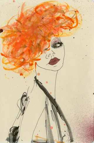 Abstract woman portrait with orange hair and dark makeup on beige background.