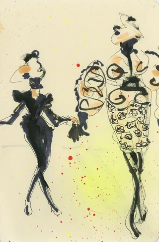 Fashion illustration of two women in artistic dresses and hats