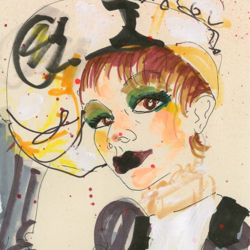 Watercolor portrait of a person with theatrical makeup and striped clothing