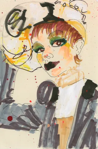 Watercolor portrait of a person with theatrical makeup and striped clothing