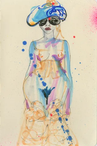 Abstract watercolor of a woman in hat and sunglasses with colorful splashes