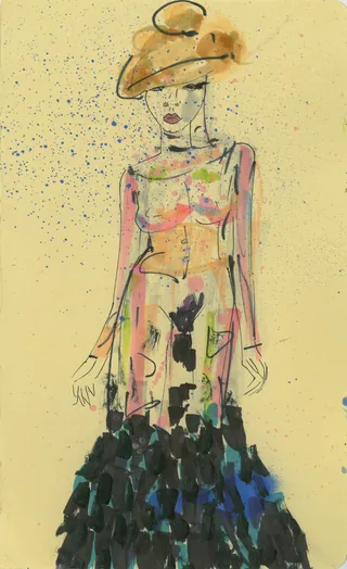 Watercolor sketch of woman wearing colorful dress and hat