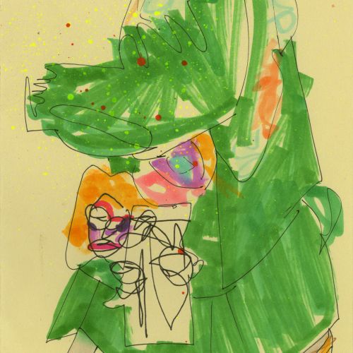 Abstract painting of a child wearing green clothes on yellow background