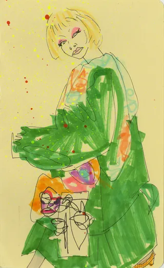 Abstract painting of a child wearing green clothes on yellow background