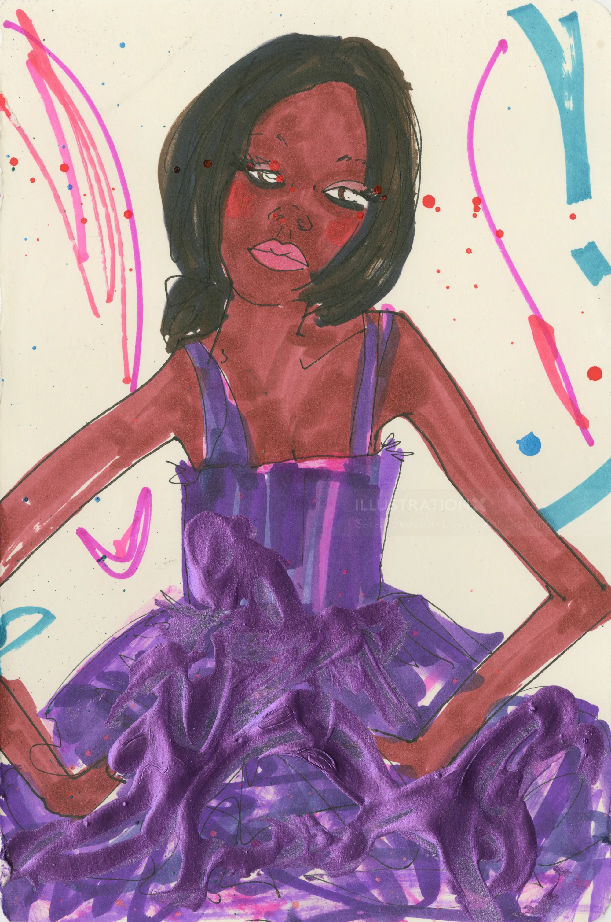 Illustration einer Frau in einem violetten Kleid mit dunklem Haar und farbenfrohem Hintergrund