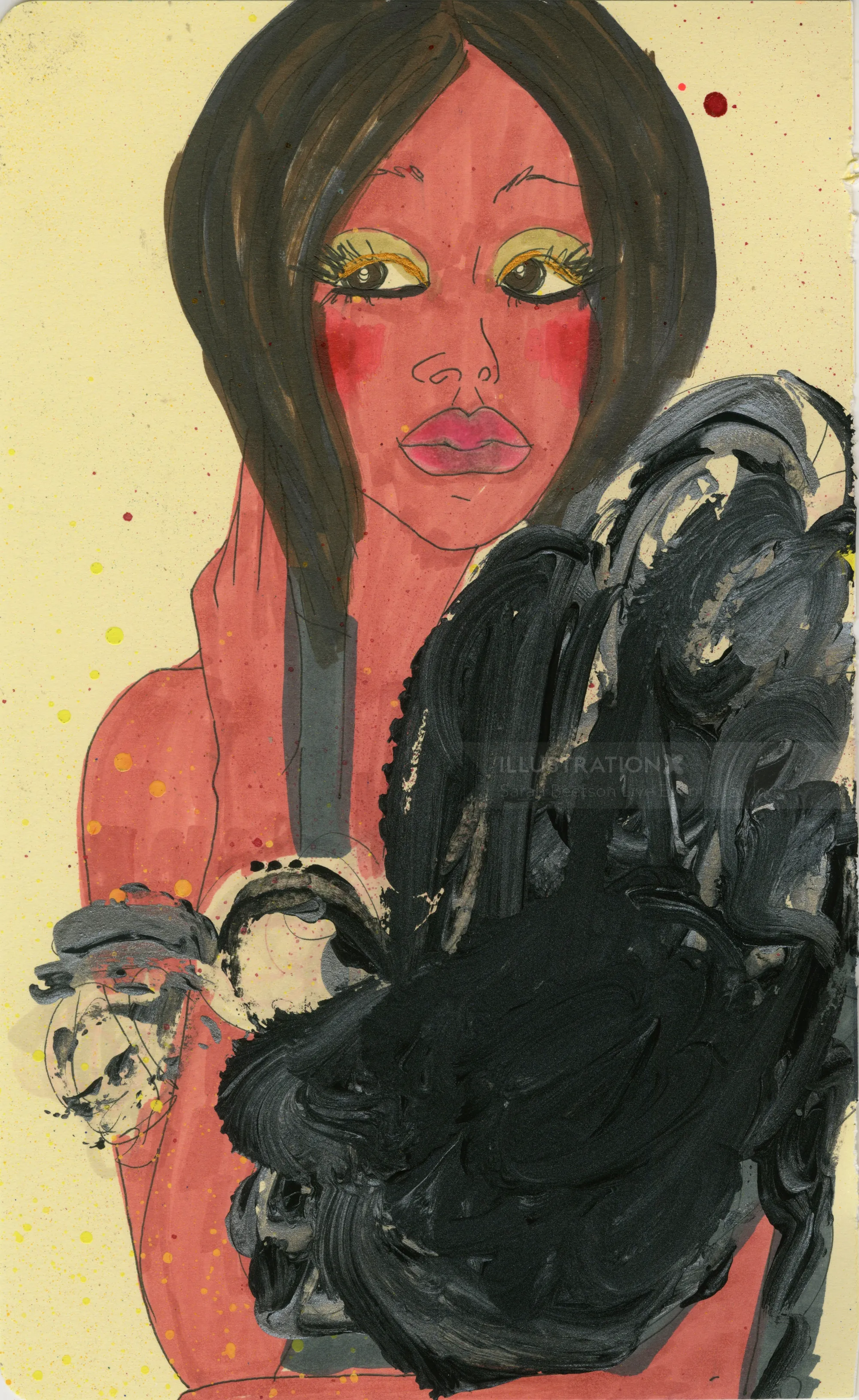 Abstract portrait of a red-skinned woman with dark hair holding a black object