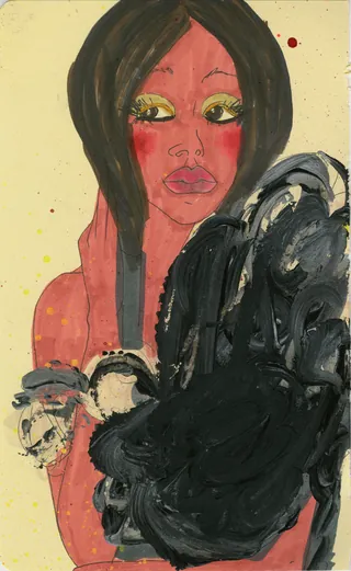Abstract portrait of a red-skinned woman with dark hair holding a black object