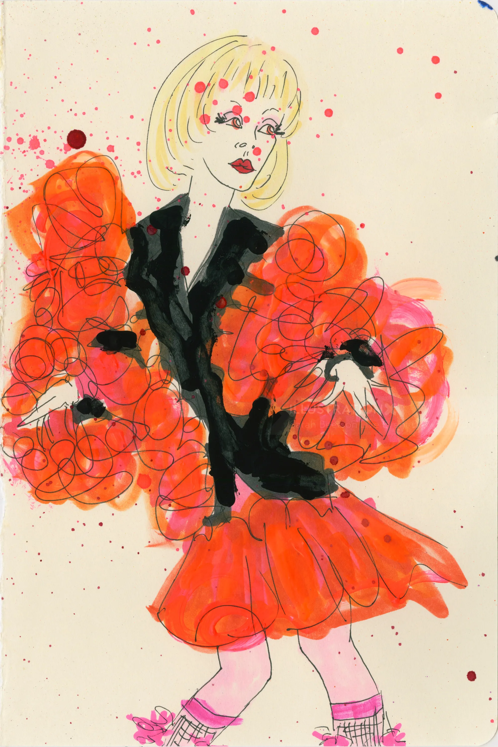Stylized woman in red dress with voluminous sleeves fashion illustration