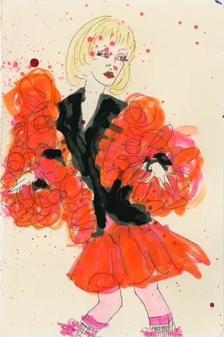 Stylized woman in red dress with voluminous sleeves fashion illustration