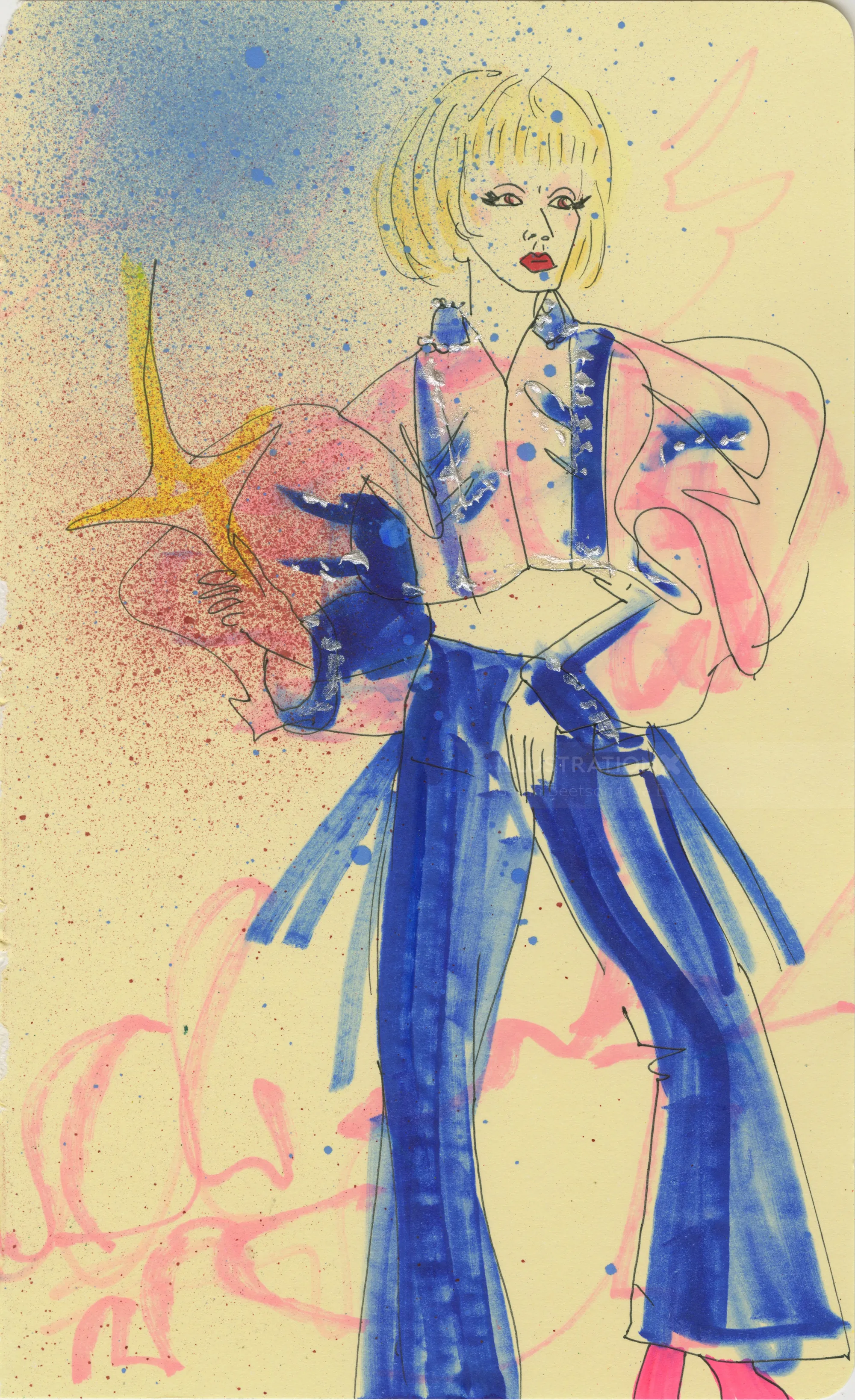 Fashion sketch of woman in blue pants and pink jacket with abstract splashes