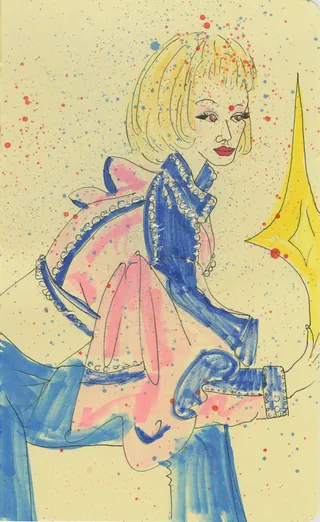Abstract painting of a woman with blonde hair in colorful dress with paint splatters