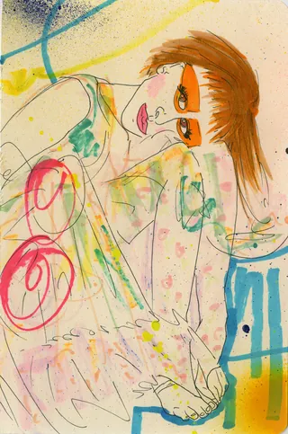 Abstract painting of a seated woman with bright colors and bold outlines