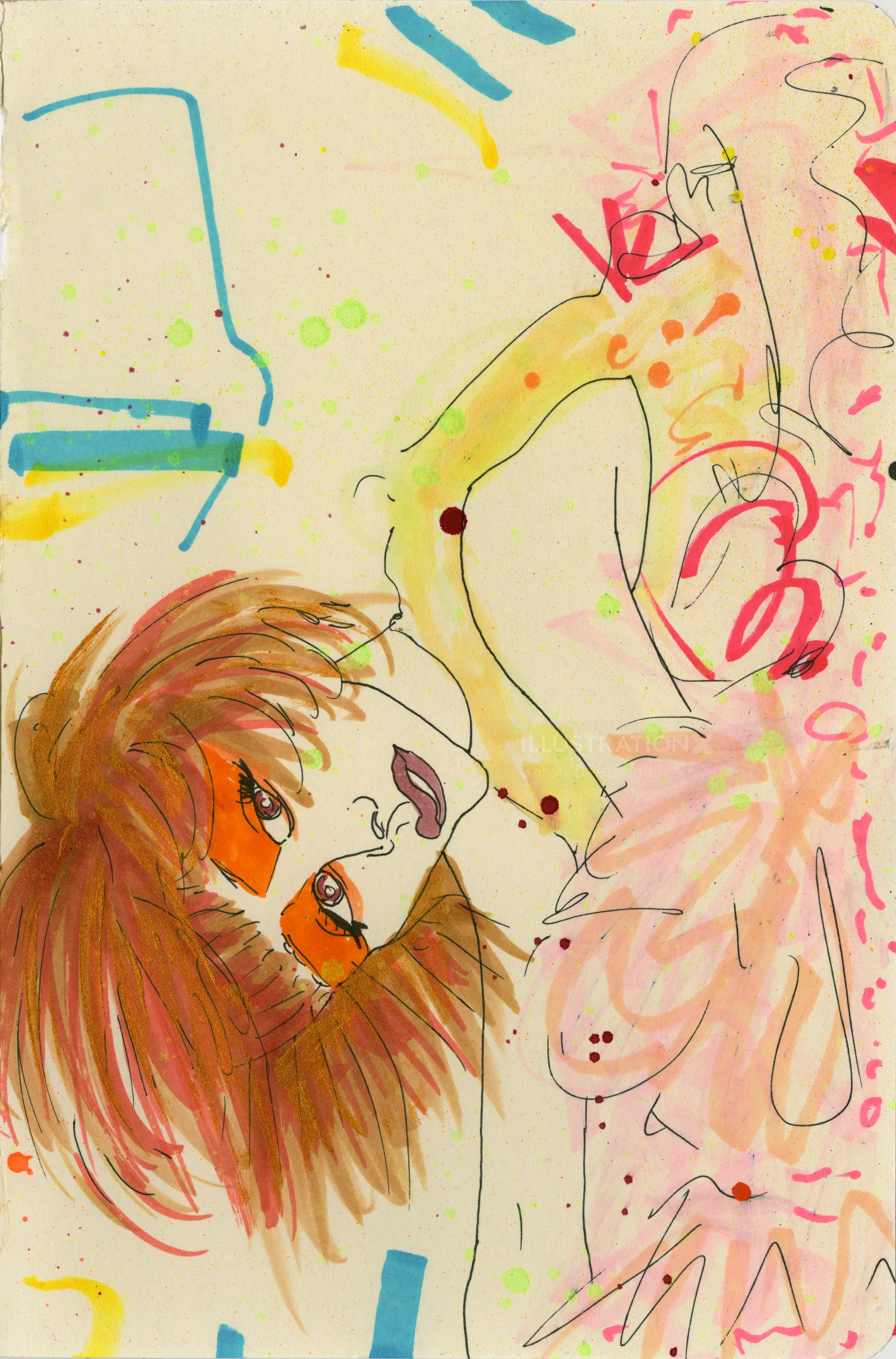 Acuarela abstracta de mujer con cabello rojo en colores vibrantes.