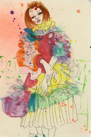 Watercolor painting of a clown wearing a colorful ruffled costume