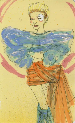 Stylish woman wearing bright blue top and orange skirt fashion illustration