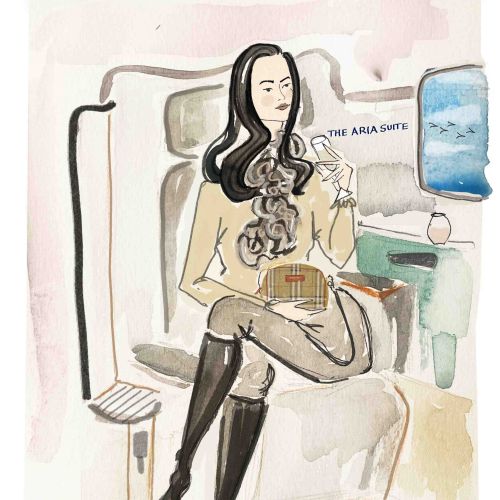 Woman playing violin seated on an airplane with 'The Aria Suite' music