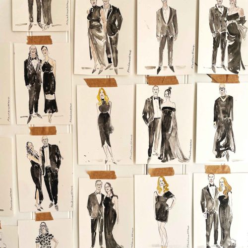 Black tie event live fashion illustrations of elegant outfits