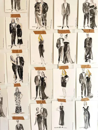 Black tie event live fashion illustrations of elegant outfits