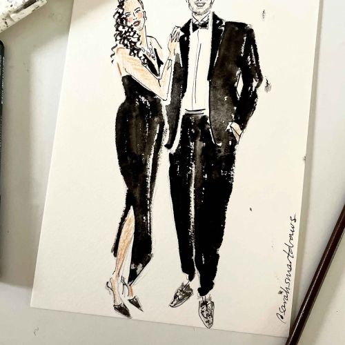 Fashion illustration of a man and woman in formal black tie attire