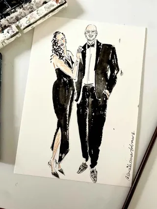 Fashion illustration of a man and woman in formal black tie attire