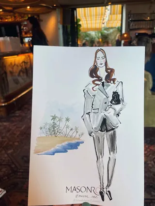 Fashion illustration of woman in blazer with beach scene background