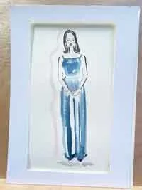Watercolor fashion illustration of woman in blue dress