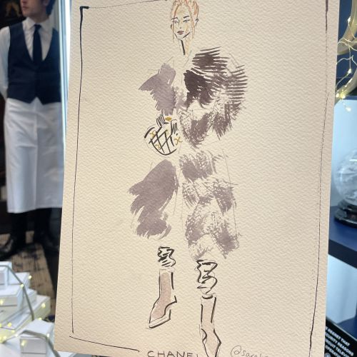 Fashion illustration of a stylish Chanel customer wearing fur coat and boots
