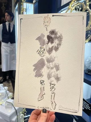 Fashion illustration of a stylish Chanel customer wearing fur coat and boots