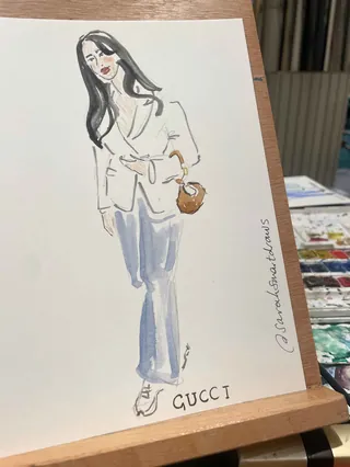 Fashion illustration of woman with handbag in casual outfit