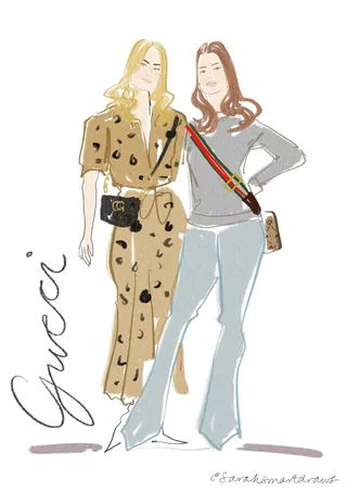 Fashion illustration of two women in stylish outfits with Gucci branding