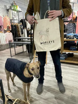 Person holding Morleys tote bag with dog wearing a coat in store