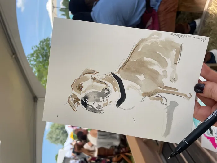 Watercolor painting of a dog held by artist at outdoor event