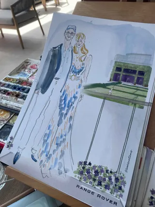Watercolor painting of a couple and a green Range Rover at Wimbledon