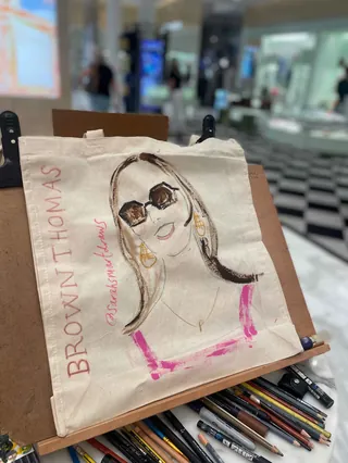 Hand-painted tote bag with a fashionable woman wearing sunglasses