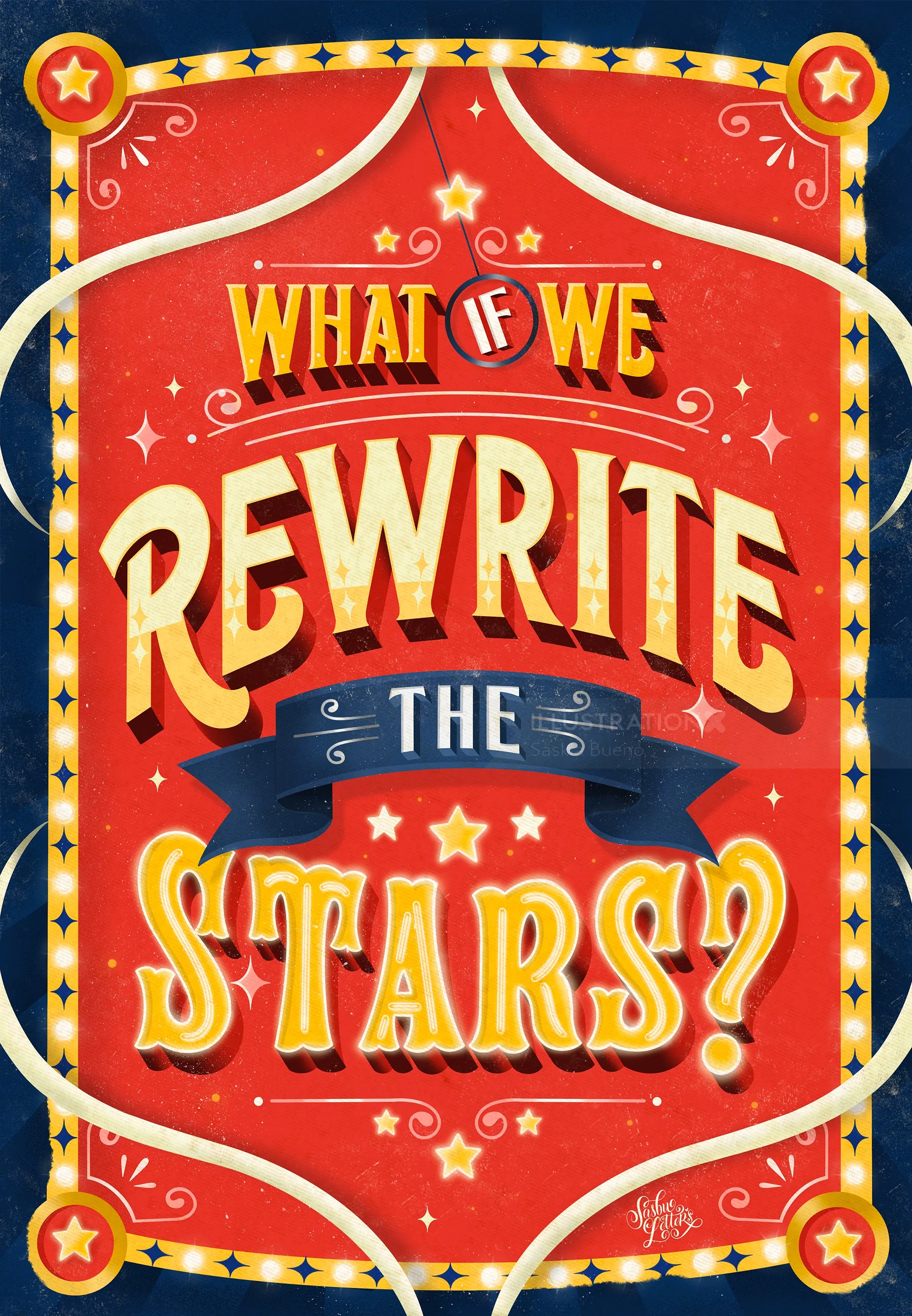 Rotes Vintage-Poster mit dem Text „What If We Rewrite The Stars?“ von Saskia Bueno