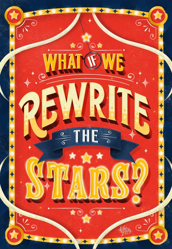 Red vintage poster with 'What If We Rewrite The Stars?' text by Saskia Bueno