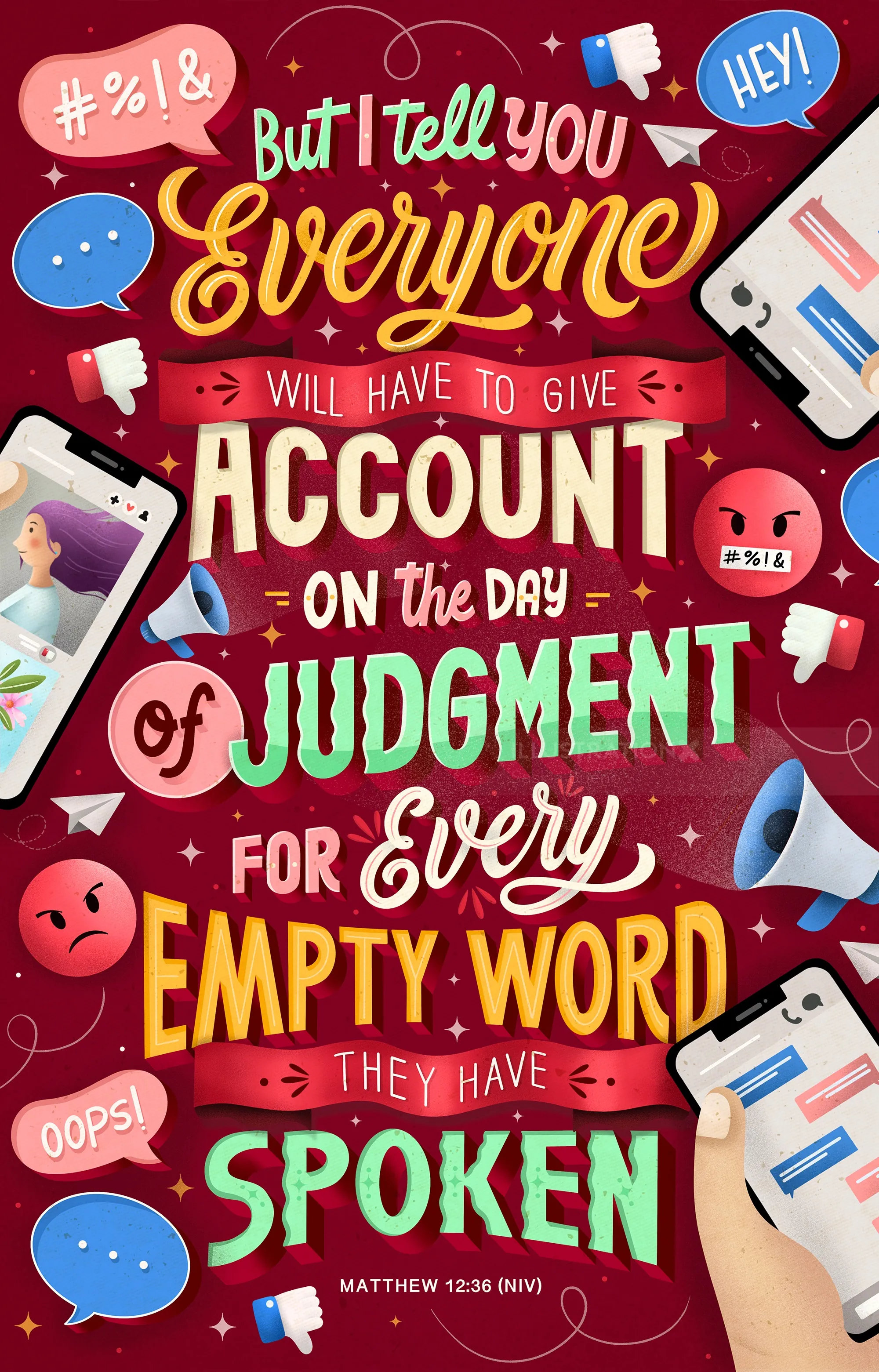 Typography of Bible verse Matthew 12:36 on judgment day by Saskia Bueno