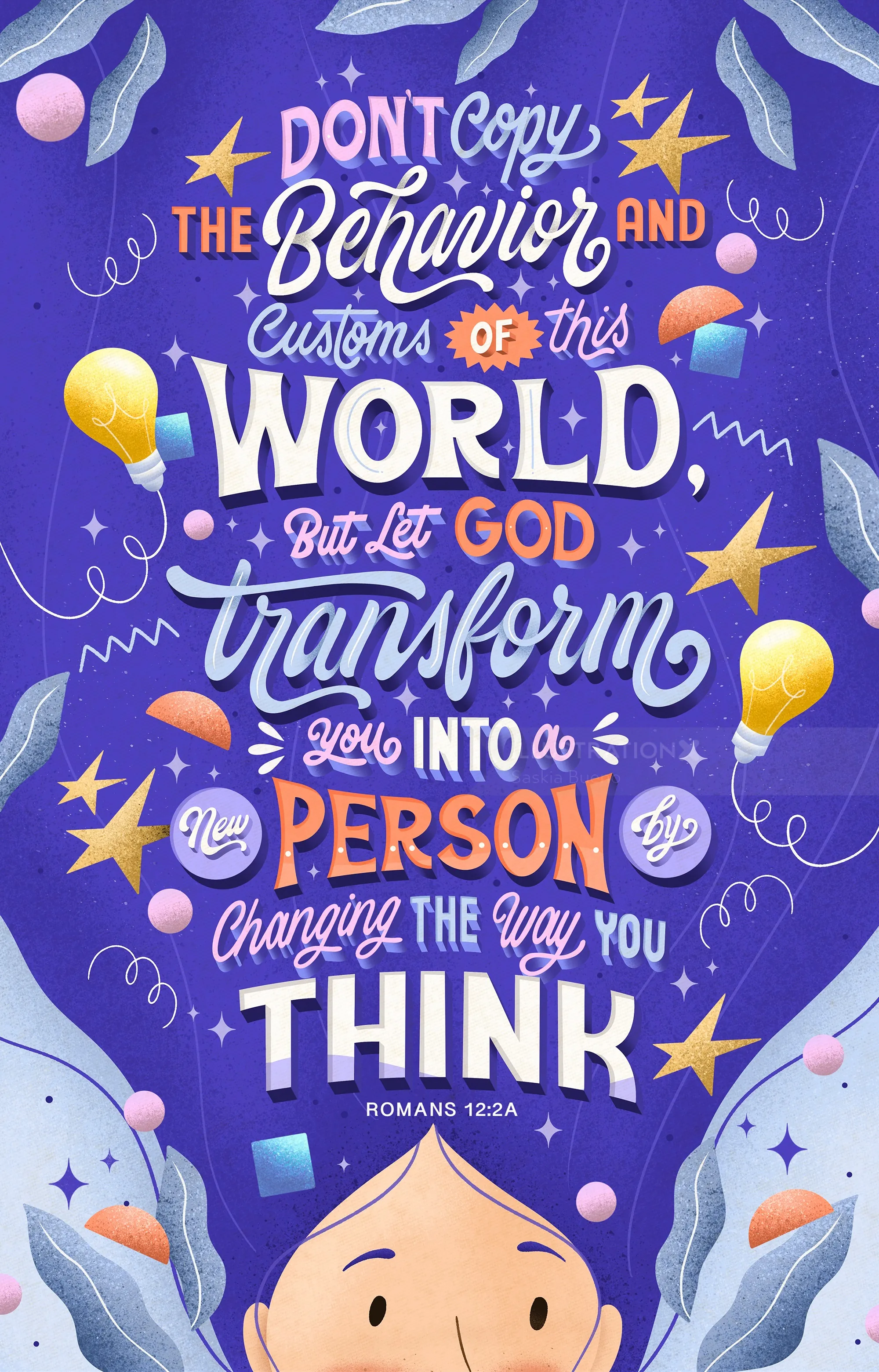 Typography art of Romans 12:2 Bible verse by Saskia Bueno