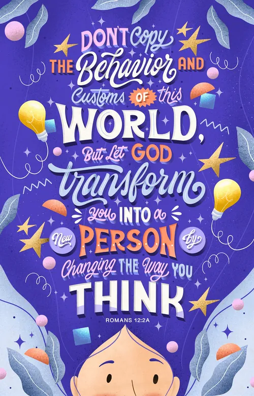 Typography art of Romans 12:2 Bible verse by Saskia Bueno