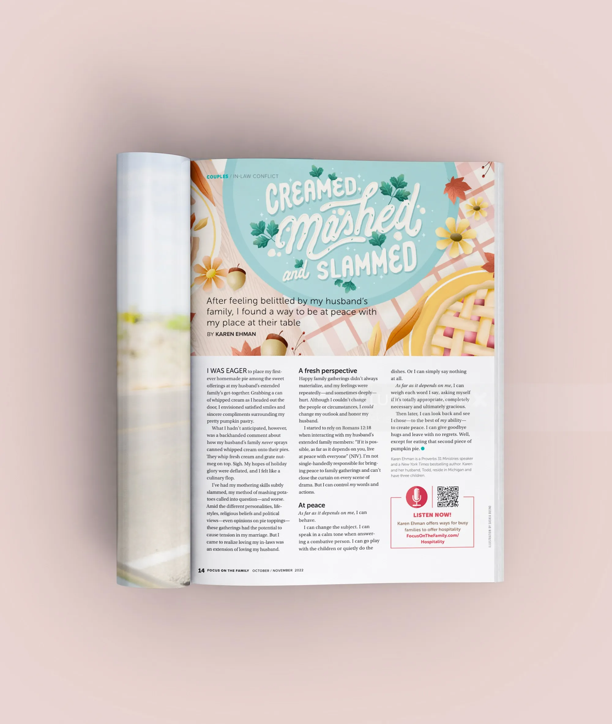 Magazine page titled Creamed, Mashed and Slammed with text and floral graphics by Saskia Bueno