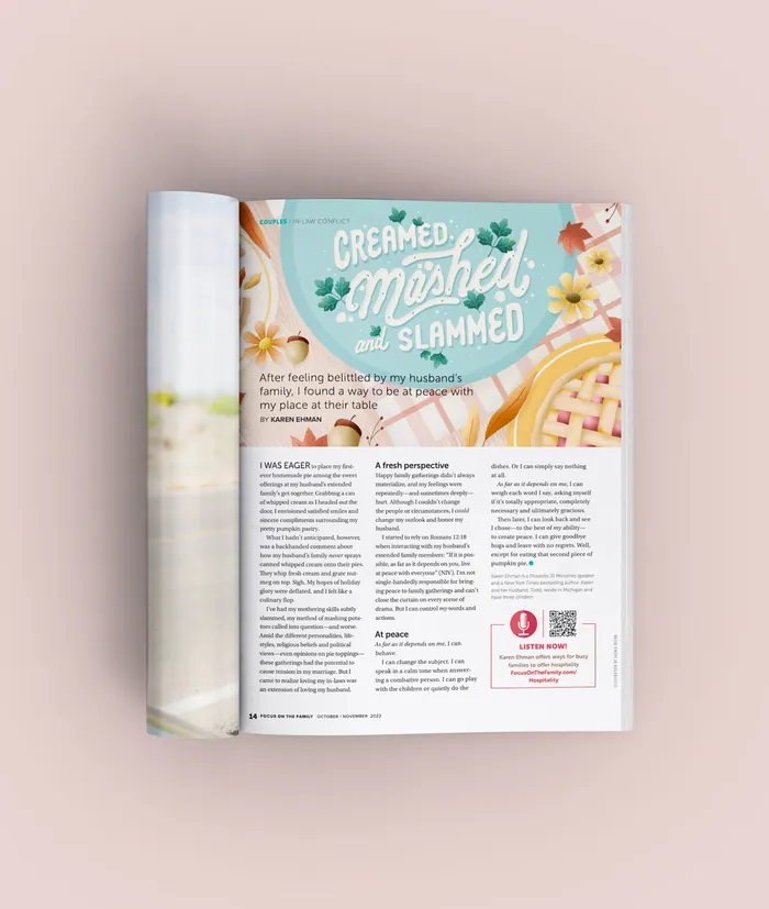 Magazine page titled Creamed, Mashed and Slammed with text and floral graphics by Saskia Bueno