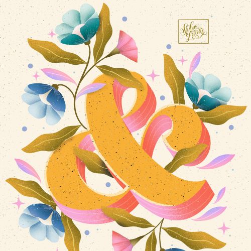 Ampersand symbol decorated with blue and pink flowers by Saskia Bueno