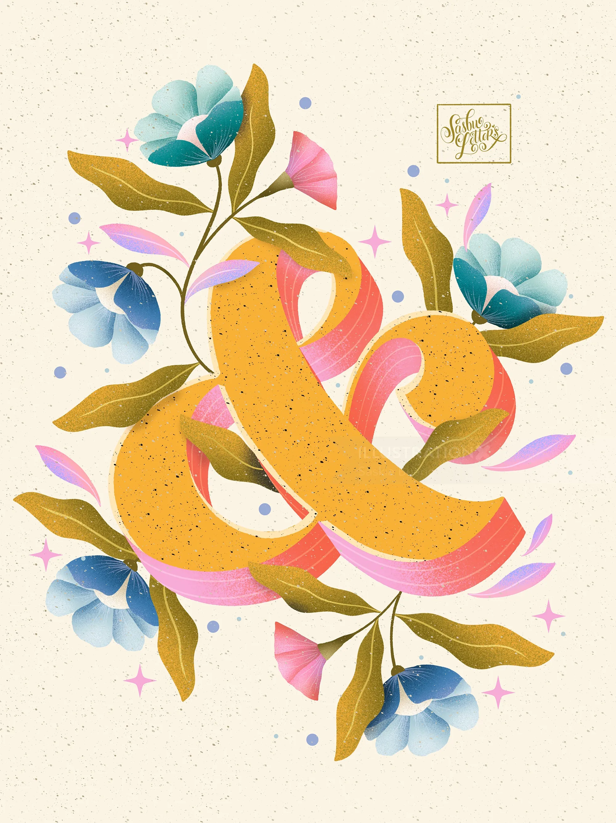 用蓝色和粉色花朵装饰的“&”符号，由Saskia Bueno