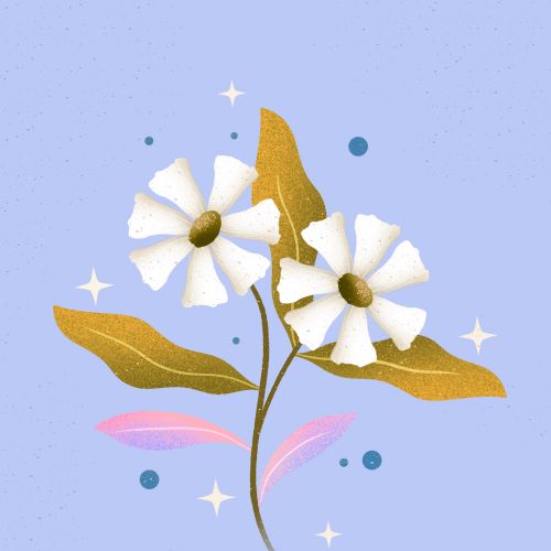 Digital illustration of white flowers and colorful leaves by Saskia Bueno