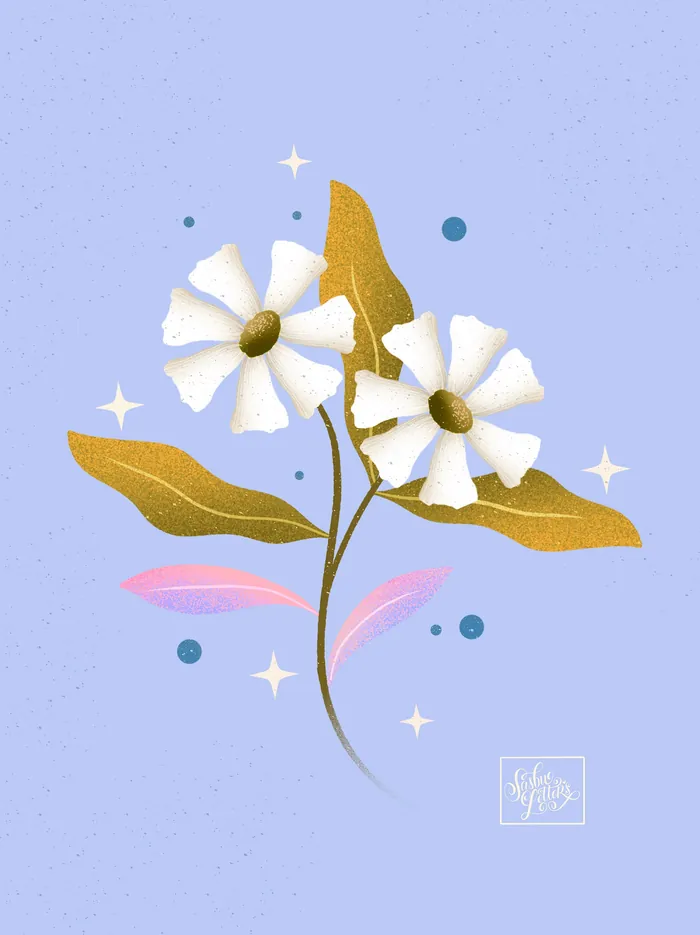 Digital illustration of white flowers and colorful leaves by Saskia Bueno