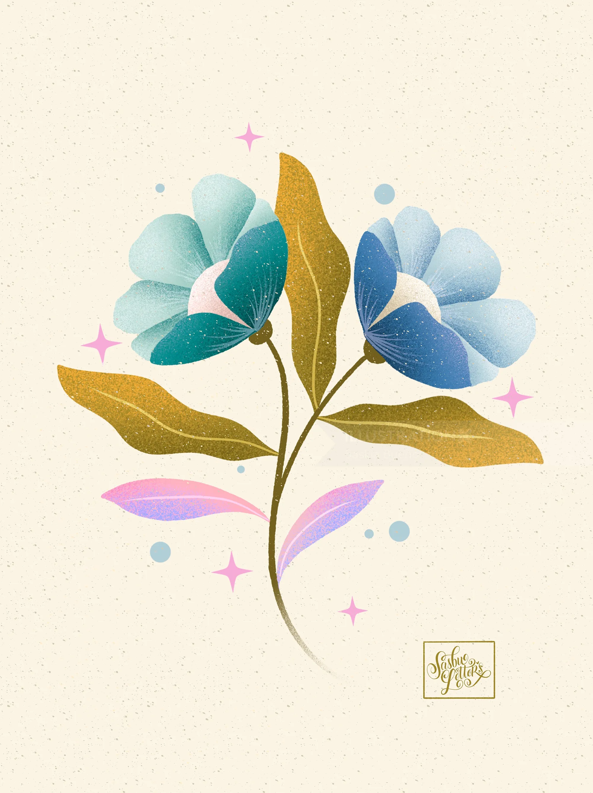 Modern floral illustration with pastel tones and glowing details