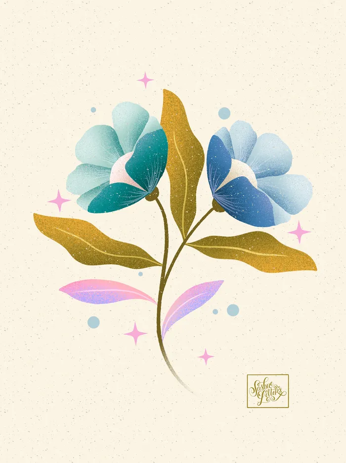 Modern floral illustration with pastel tones and glowing details