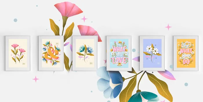 Wall art set with floral designs and inspirational quotes by Saskia Bueno