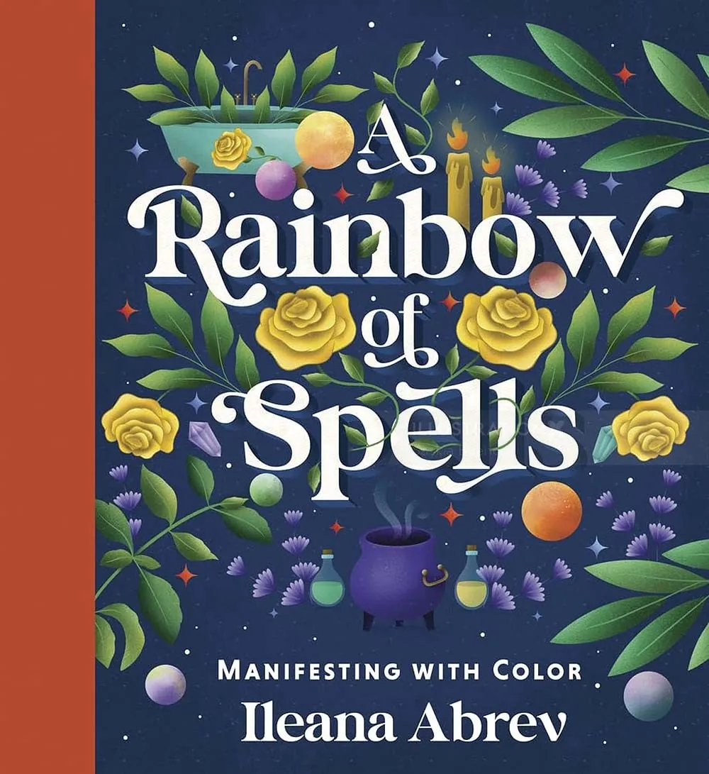 Book cover showing title A Rainbow of Spells with flowers, candles, and magical elements